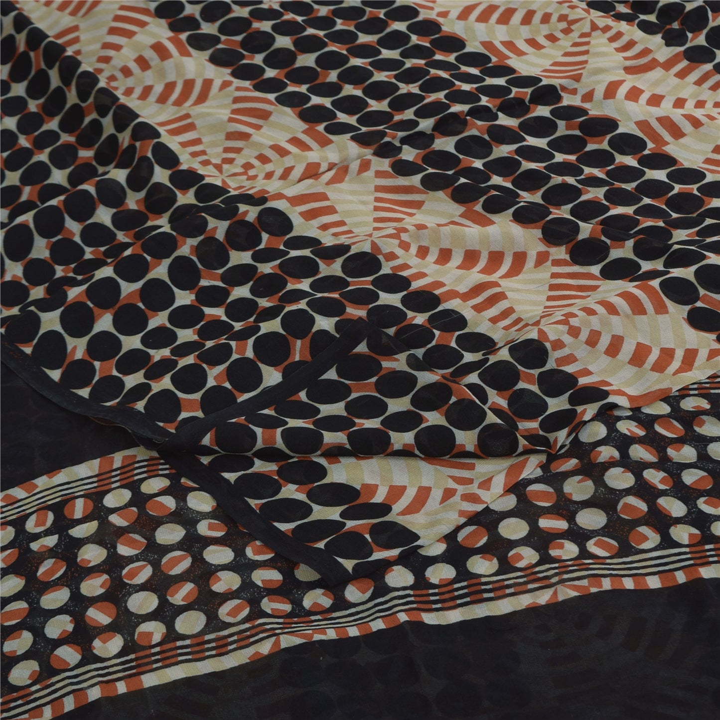 Sanskriti Vintage Sarees Black/Ivory Pure Georgette Printed Sari 5+yd Sustainable Fabric