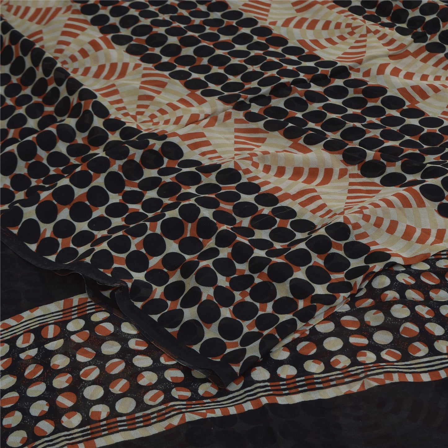 Sanskriti Vintage Sarees Black/Ivory Pure Georgette Printed Sari 5+yd Sustainable Fabric