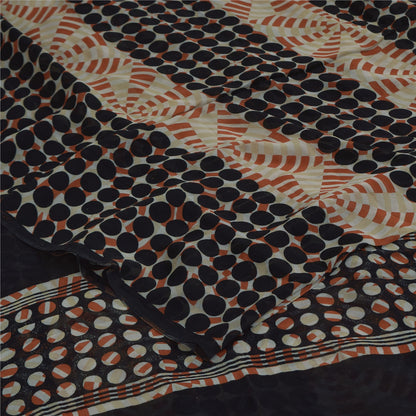 Sanskriti Vintage Sarees Black/Ivory Pure Georgette Printed Sari 5+yd Sustainable Fabric