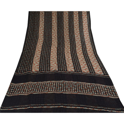 Sanskriti Vintage Sarees Black/Ivory Pure Georgette Printed Sari 5+yd Sustainable Fabric