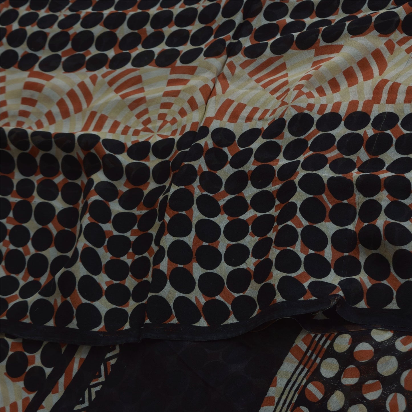 Sanskriti Vintage Sarees Black/Ivory Pure Georgette Printed Sari 5+yd Sustainable Fabric