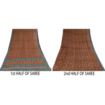 Sanskriti Vintage Sarees Brown Pure Georgette Silk Print Sari 5+yd Craft Sustainable Fabric