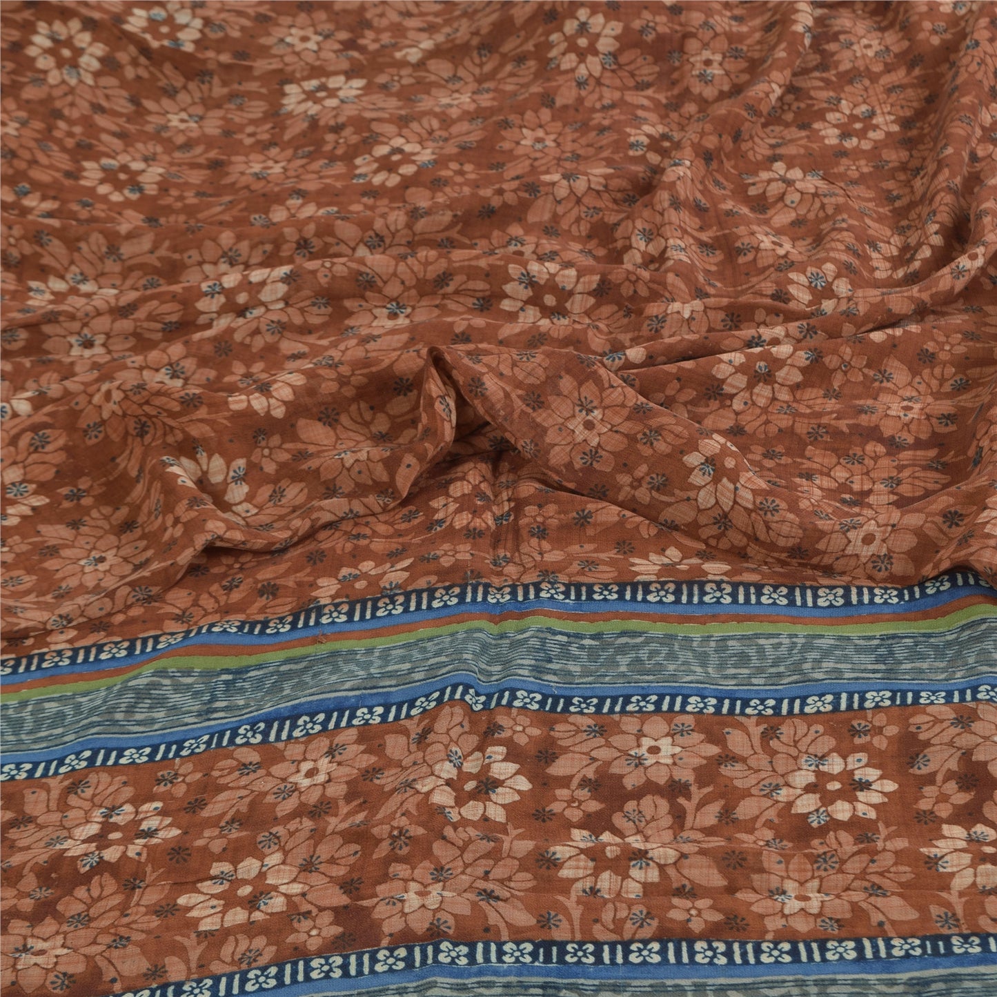 Sanskriti Vintage Sarees Brown Pure Georgette Silk Print Sari 5+yd Craft Sustainable Fabric