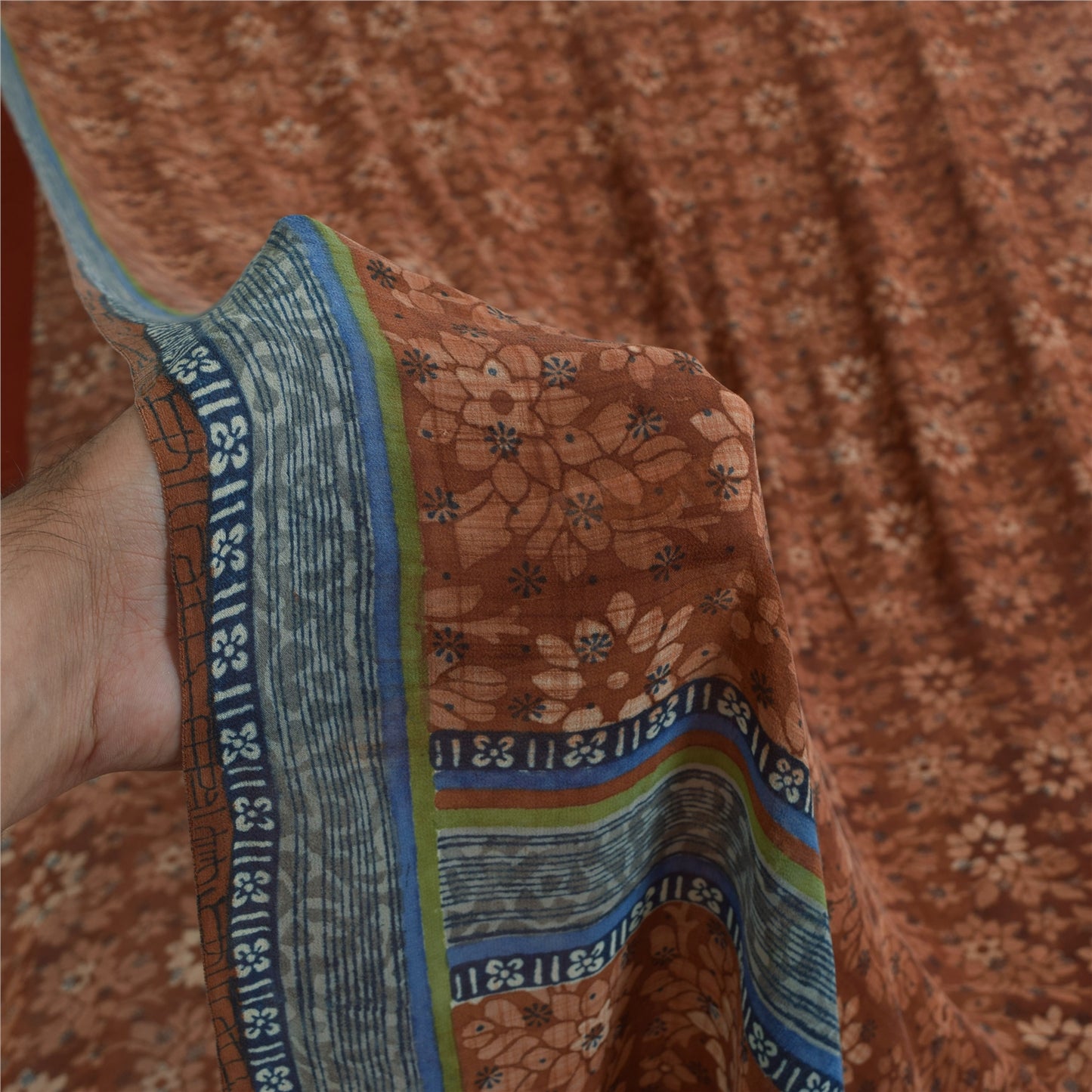 Sanskriti Vintage Sarees Brown Pure Georgette Silk Print Sari 5+yd Craft Sustainable Fabric