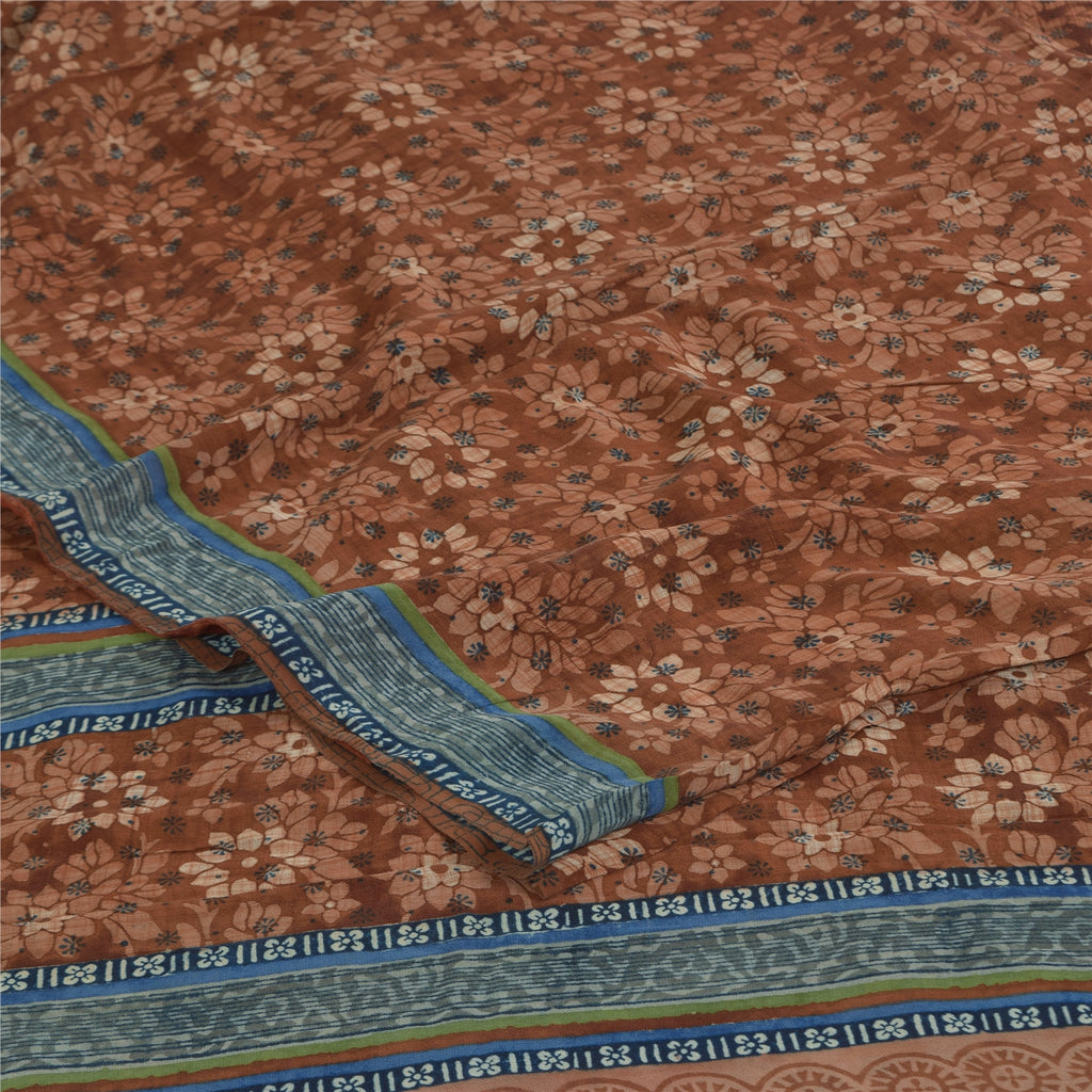 Sanskriti Vintage Sarees Brown Pure Georgette Silk Print Sari 5+yd Craft Sustainable Fabric