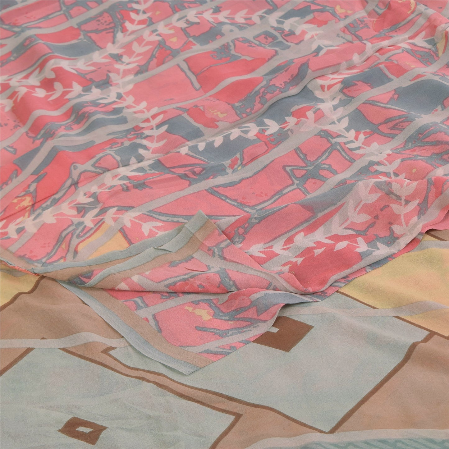 Sanskriti Vintage Sarees Pink/Gray Pure Georgette Printed Sari 5+yd Craft Sustainable Fabric