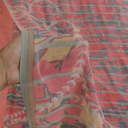 Sanskriti Vintage Sarees Pink/Gray Pure Georgette Printed Sari 5+yd Craft Sustainable Fabric