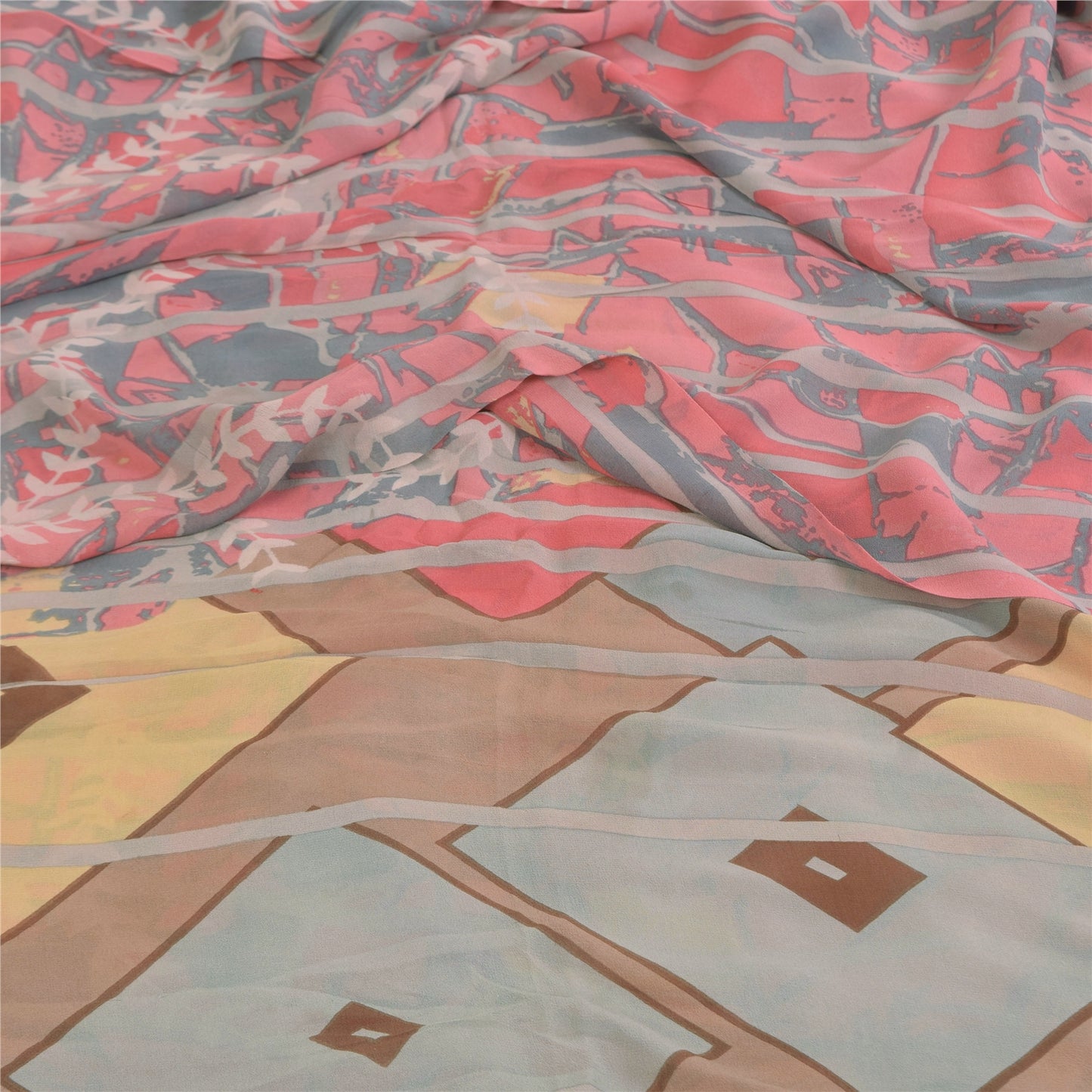 Sanskriti Vintage Sarees Pink/Gray Pure Georgette Printed Sari 5+yd Craft Sustainable Fabric