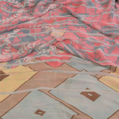 Sanskriti Vintage Sarees Pink/Gray Pure Georgette Printed Sari 5+yd Craft Sustainable Fabric