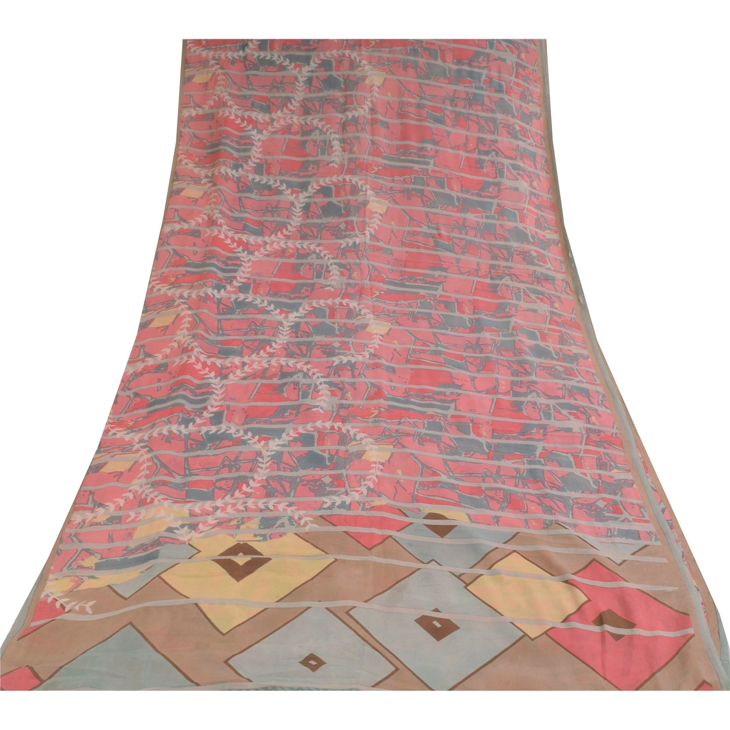 Sanskriti Vintage Sarees Pink/Gray Pure Georgette Printed Sari 5+yd Craft Sustainable Fabric