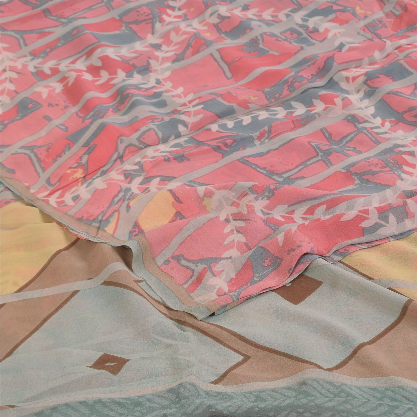 Sanskriti Vintage Sarees Pink/Gray Pure Georgette Printed Sari 5+yd Craft Sustainable Fabric