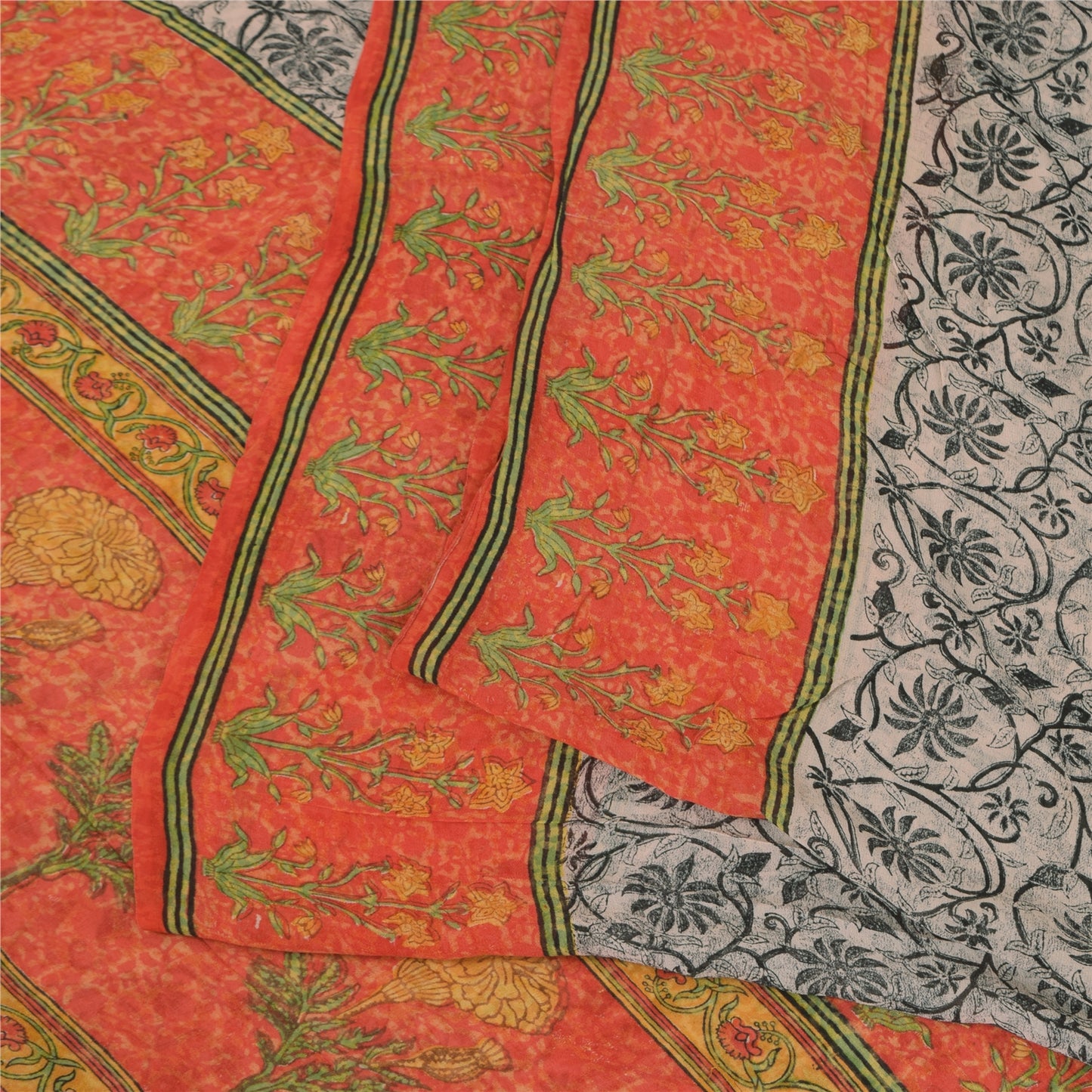 Sanskriti Vintage Sarees Black Pure Georgette Silk Print Sari 5+yd Craft Sustainable Fabric