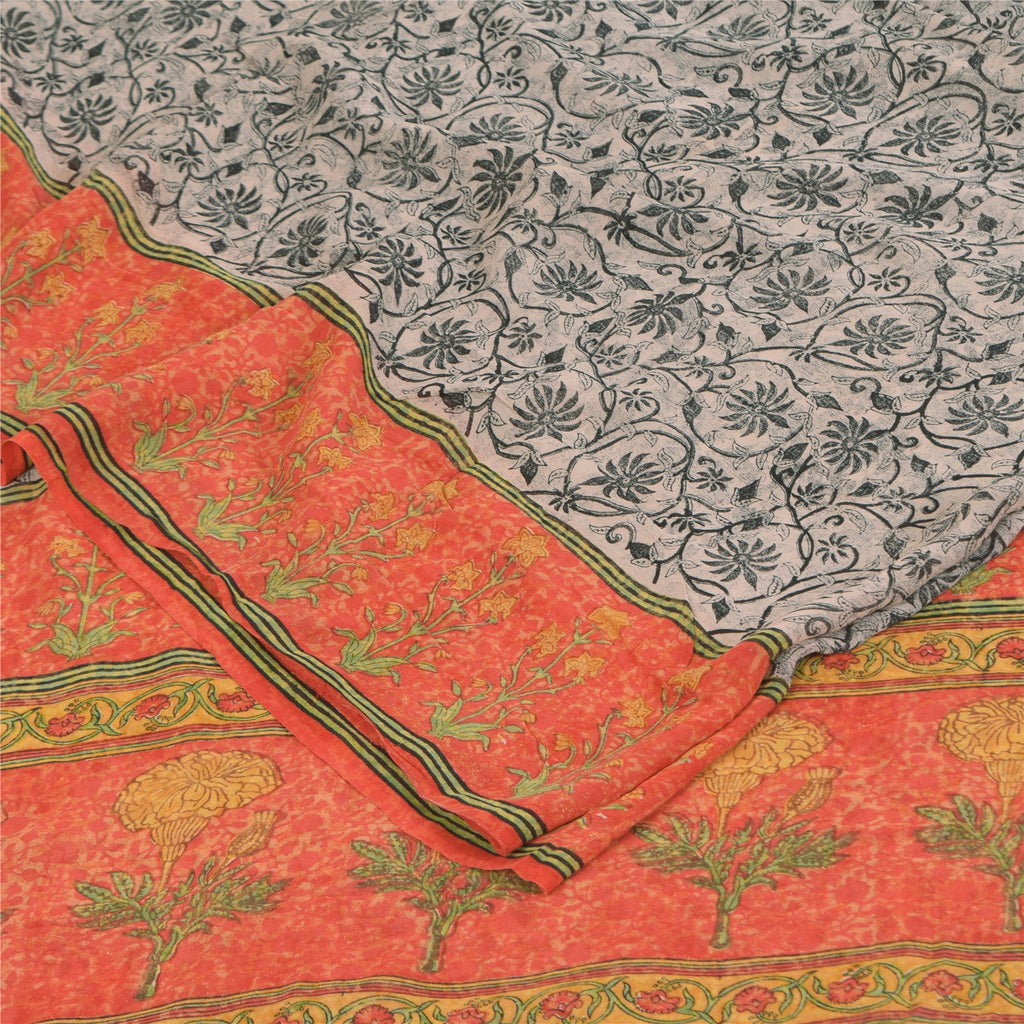 Sanskriti Vintage Sarees Black Pure Georgette Silk Print Sari 5+yd Craft Sustainable Fabric