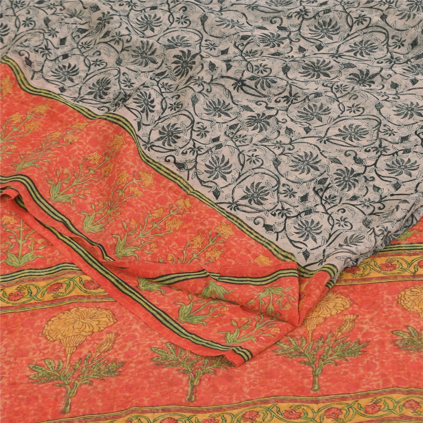 Sanskriti Vintage Sarees Black Pure Georgette Silk Print Sari 5+yd Craft Sustainable Fabric