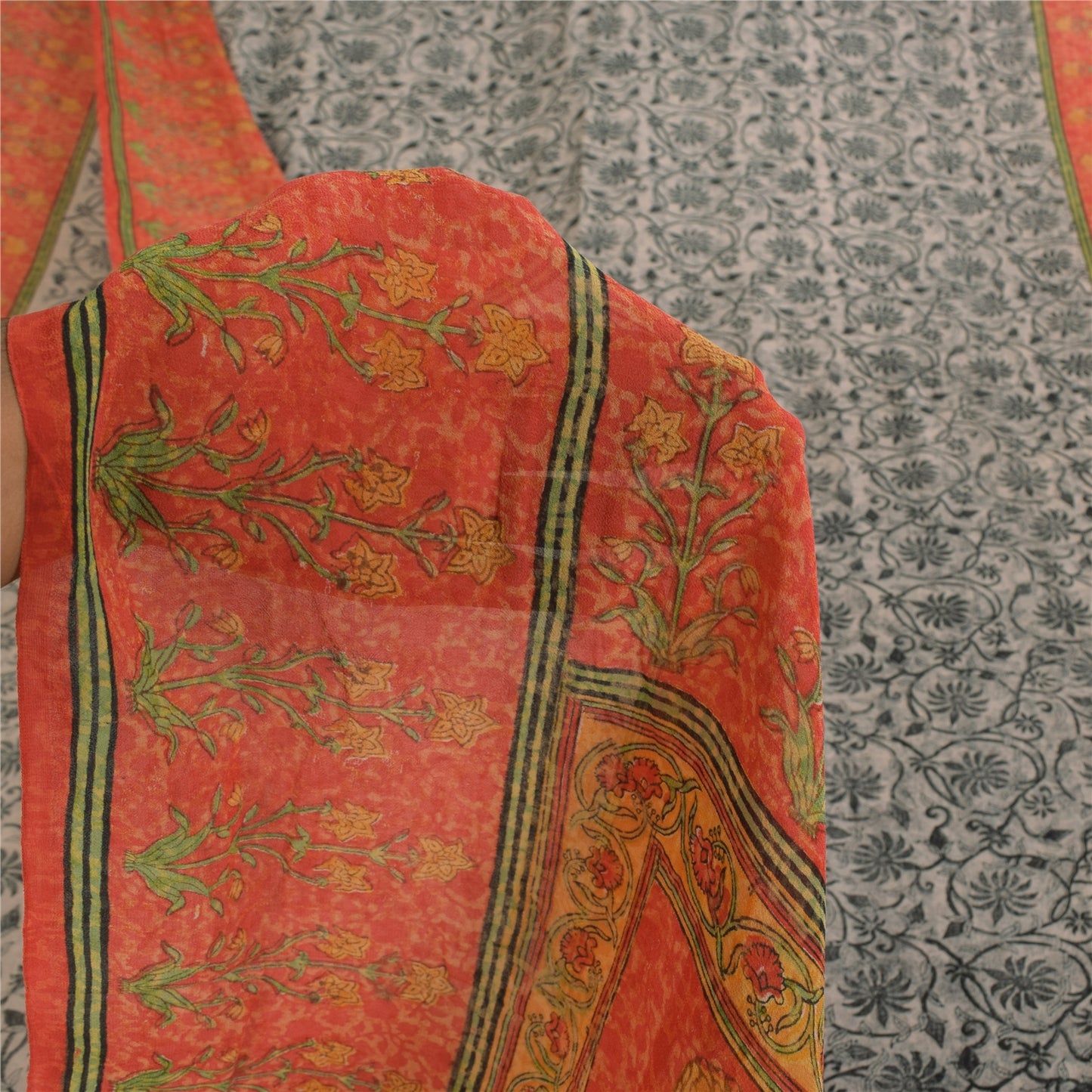 Sanskriti Vintage Sarees Black Pure Georgette Silk Print Sari 5+yd Craft Sustainable Fabric