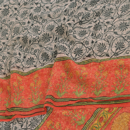 Sanskriti Vintage Sarees Black Pure Georgette Silk Print Sari 5+yd Craft Sustainable Fabric