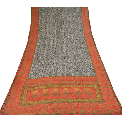 Sanskriti Vintage Sarees Black Pure Georgette Silk Print Sari 5+yd Craft Sustainable Fabric