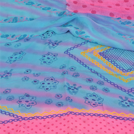 Sanskriti Vintage Sarees Blue/Pink Pure Georgette Printed Sari 5+yd Craft Sustainable Fabric