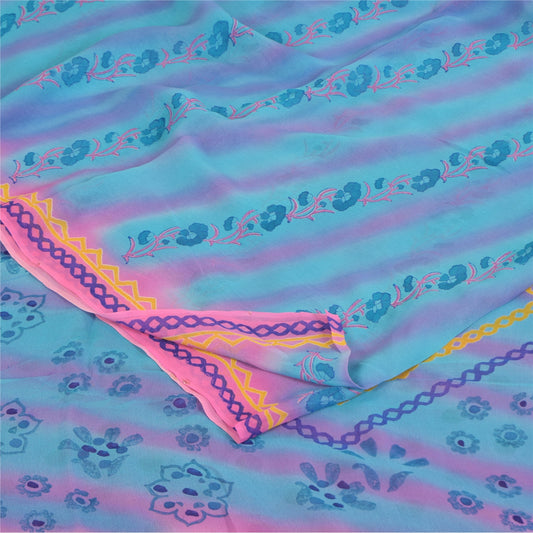Sanskriti Vintage Sarees Blue/Pink Pure Georgette Printed Sari 5+yd Craft Sustainable Fabric