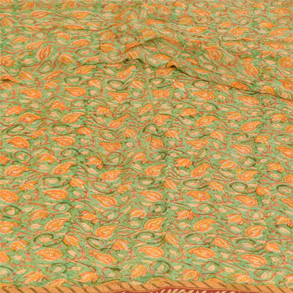 Sanskriti Vintage Sarees Green/Orange Pure Georgette Silk Print Sari 5+yd Sustainable Fabric