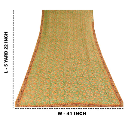Sanskriti Vintage Sarees Green/Orange Pure Georgette Silk Print Sari 5+yd Sustainable Fabric