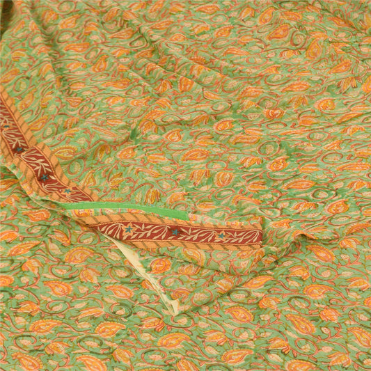 Sanskriti Vintage Sarees Green/Orange Pure Georgette Silk Print Sari 5+yd Sustainable Fabric