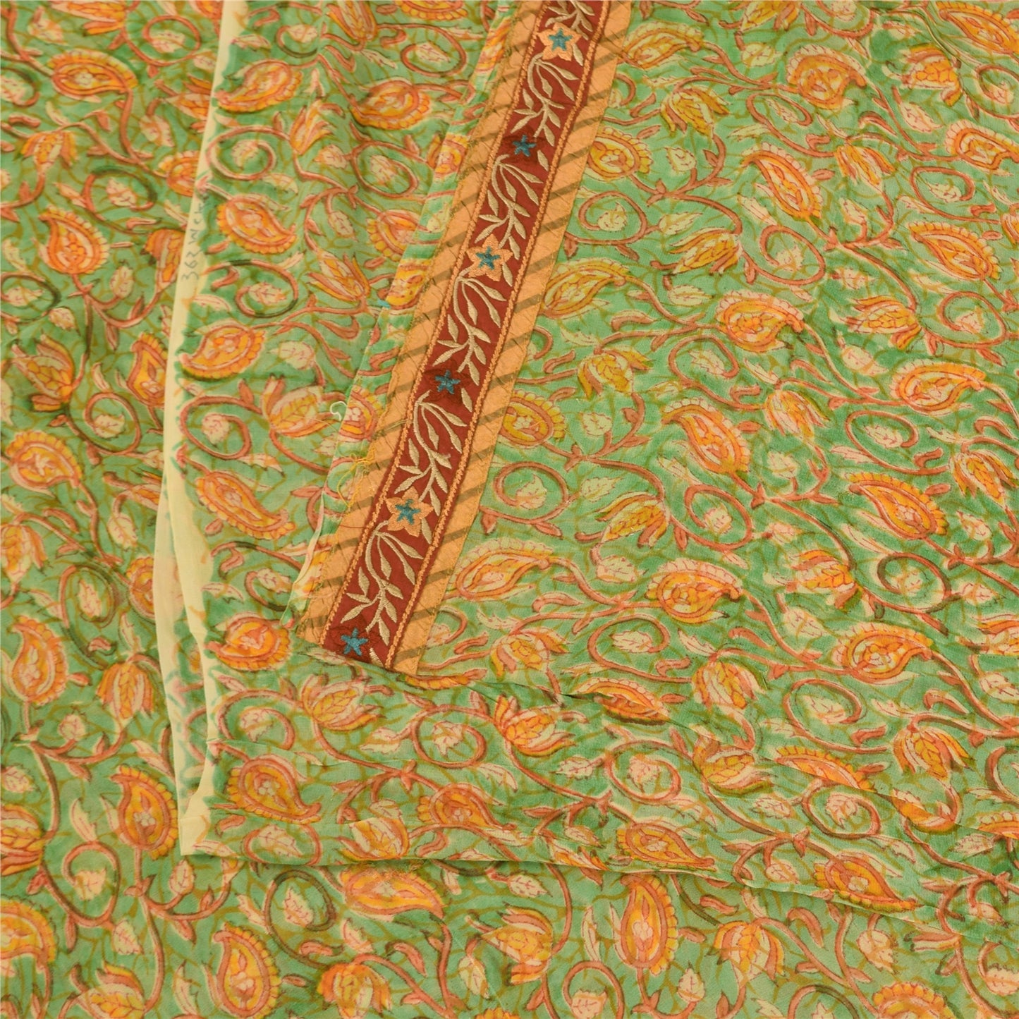 Sanskriti Vintage Sarees Green/Orange Pure Georgette Silk Print Sari 5+yd Sustainable Fabric