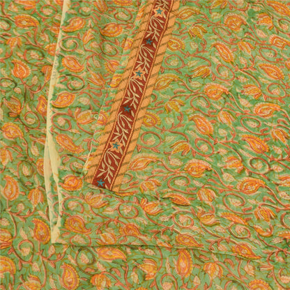 Sanskriti Vintage Sarees Green/Orange Pure Georgette Silk Print Sari 5+yd Sustainable Fabric
