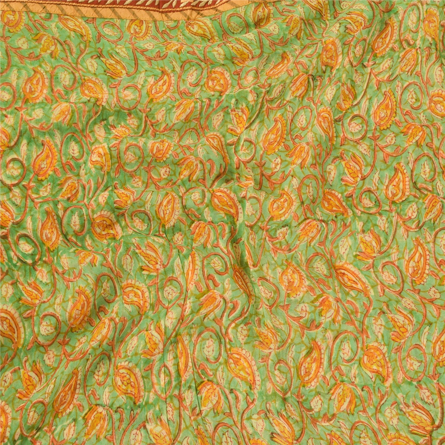 Sanskriti Vintage Sarees Green/Orange Pure Georgette Silk Print Sari 5+yd Sustainable Fabric
