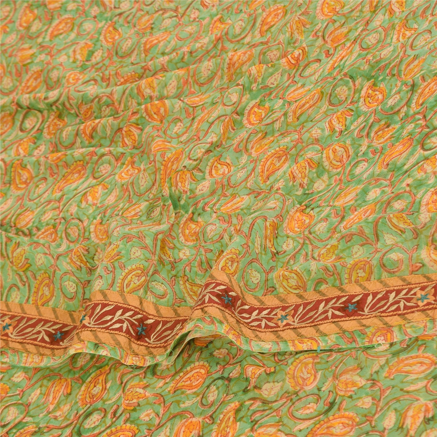 Sanskriti Vintage Sarees Green/Orange Pure Georgette Silk Print Sari 5+yd Sustainable Fabric