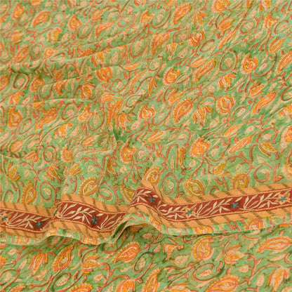 Sanskriti Vintage Sarees Green/Orange Pure Georgette Silk Print Sari 5+yd Sustainable Fabric