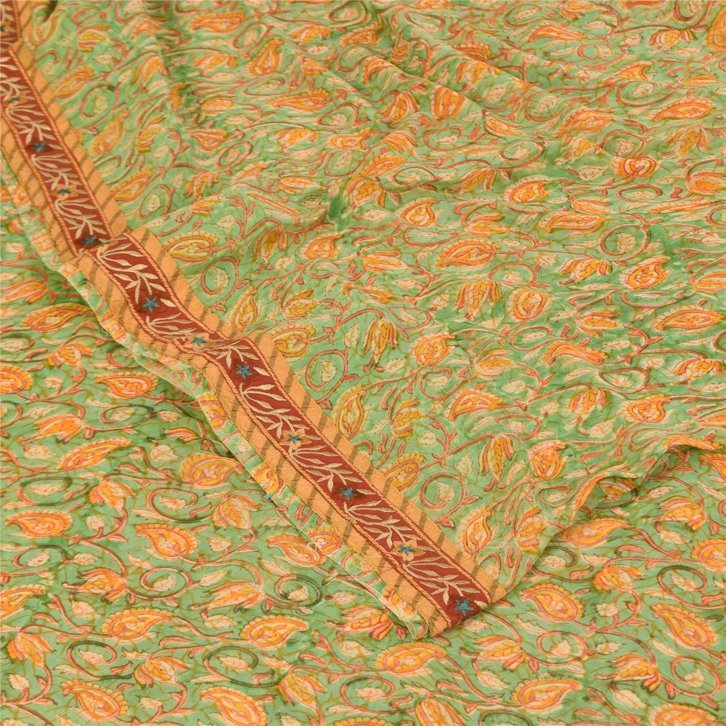 Sanskriti Vintage Sarees Green/Orange Pure Georgette Silk Print Sari 5+yd Sustainable Fabric