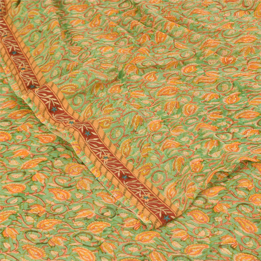 Sanskriti Vintage Sarees Grøn/Orange Ren Georgette Silke Print Sari 5+ yards Bæredygtigt Stof