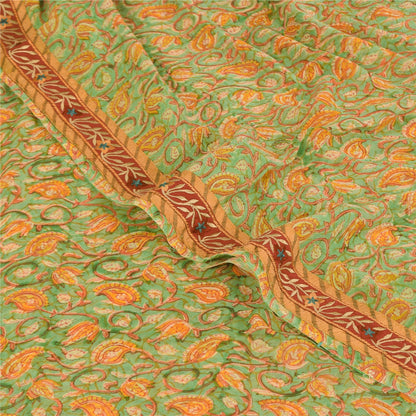 Sanskriti Vintage Sarees Green/Orange Pure Georgette Silk Print Sari 5+yd Sustainable Fabric