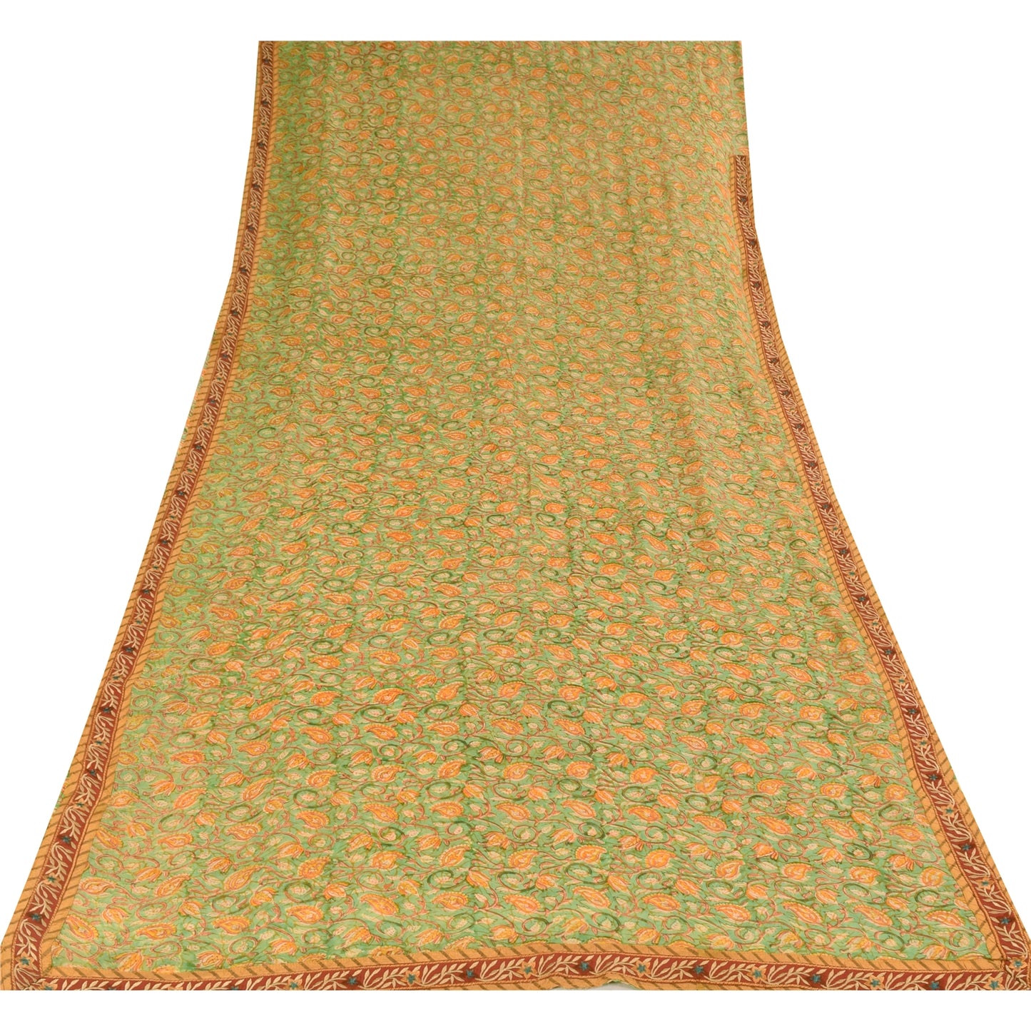 Sanskriti Vintage Sarees Green/Orange Pure Georgette Silk Print Sari 5+yd Sustainable Fabric