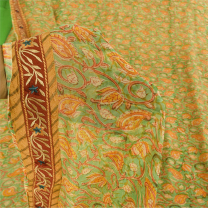 Sanskriti Vintage Sarees Green/Orange Pure Georgette Silk Print Sari 5+yd Sustainable Fabric