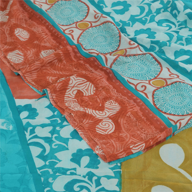Сари Sanskriti Vintage, синее, чистое, шелк, жоржет, набивное, 5+ ярдов, ткань для рукоделия, устойчивая к истиранию