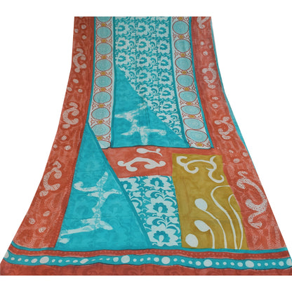Sanskriti Vintage Sarees Blue Pure Georgette Silk Printed Sari 5+yd Craft Sustainable Fabric