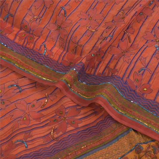 Sanskriti Vintage Sarees Hand Beaded Print Orange Pure Georgette Sari 6yd Sustainable Fabric