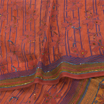 Sanskriti Vintage Sarees Hand Beaded Print Orange Pure Georgette Sari 6yd Sustainable Fabric