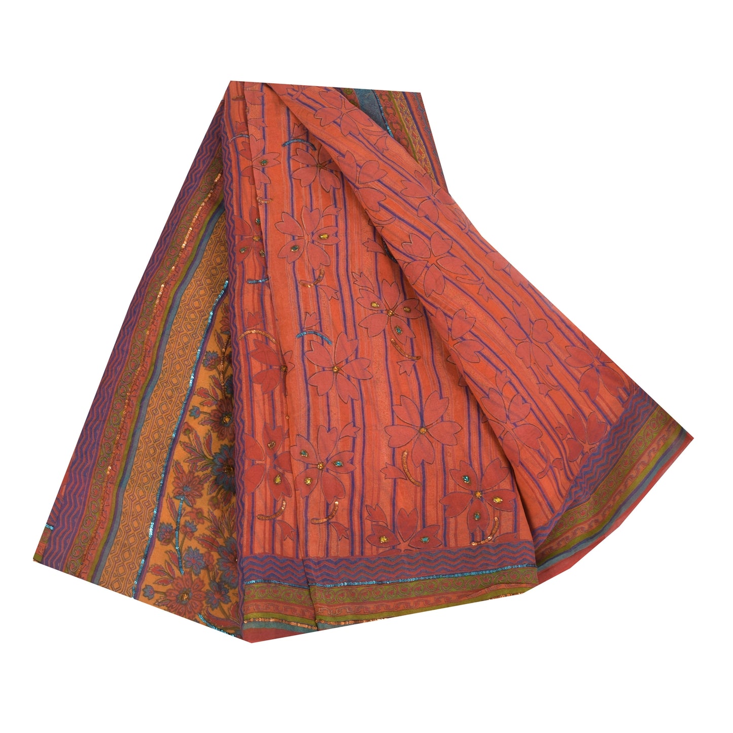 Sanskriti Vintage Sarees Hand Beaded Print Orange Pure Georgette Sari 6yd Sustainable Fabric