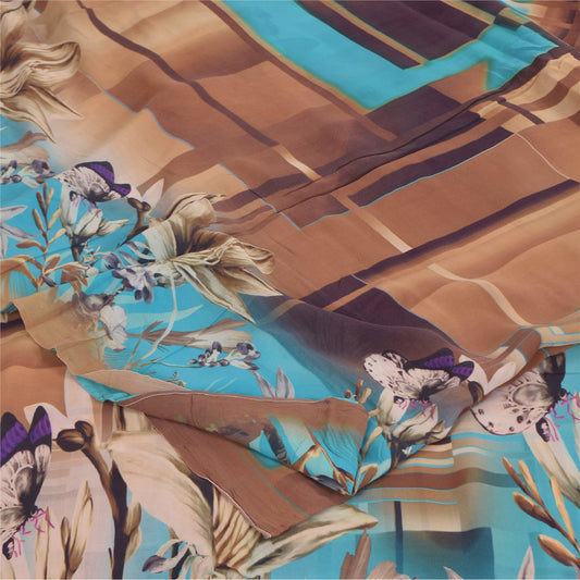 Sanskriti Vintage Sarees Blue/Brown Pure Georgette Print Sari 5+yd Craft Sustainable Fabric