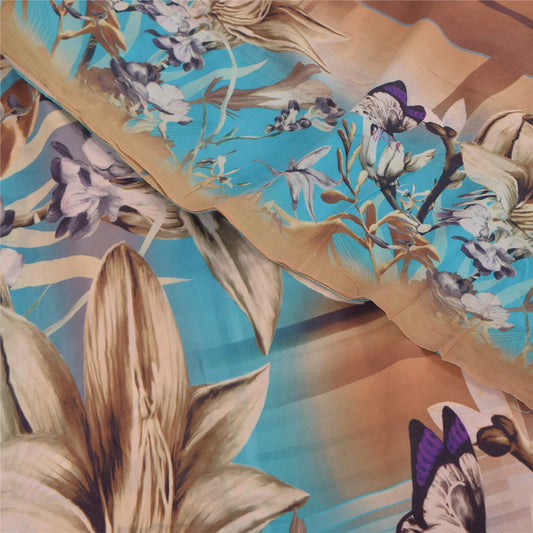 Sanskriti Vintage Sarees Blue/Brown Pure Georgette Print Sari 5+yd Craft Sustainable Fabric