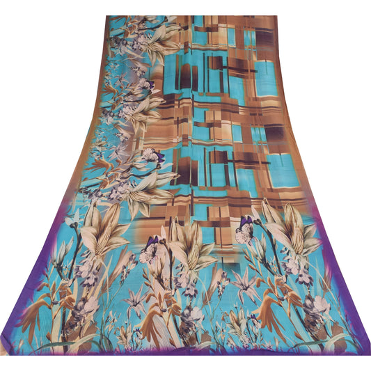 Sanskriti Vintage Sarees Blue/Brown Pure Georgette Print Sari 5+yd Craft Sustainable Fabric