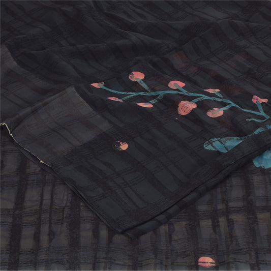 Sanskriti Vintage Sarees Black/Ivory Pure Georgette Silk Print Sari 5+yd Sustainable Fabric