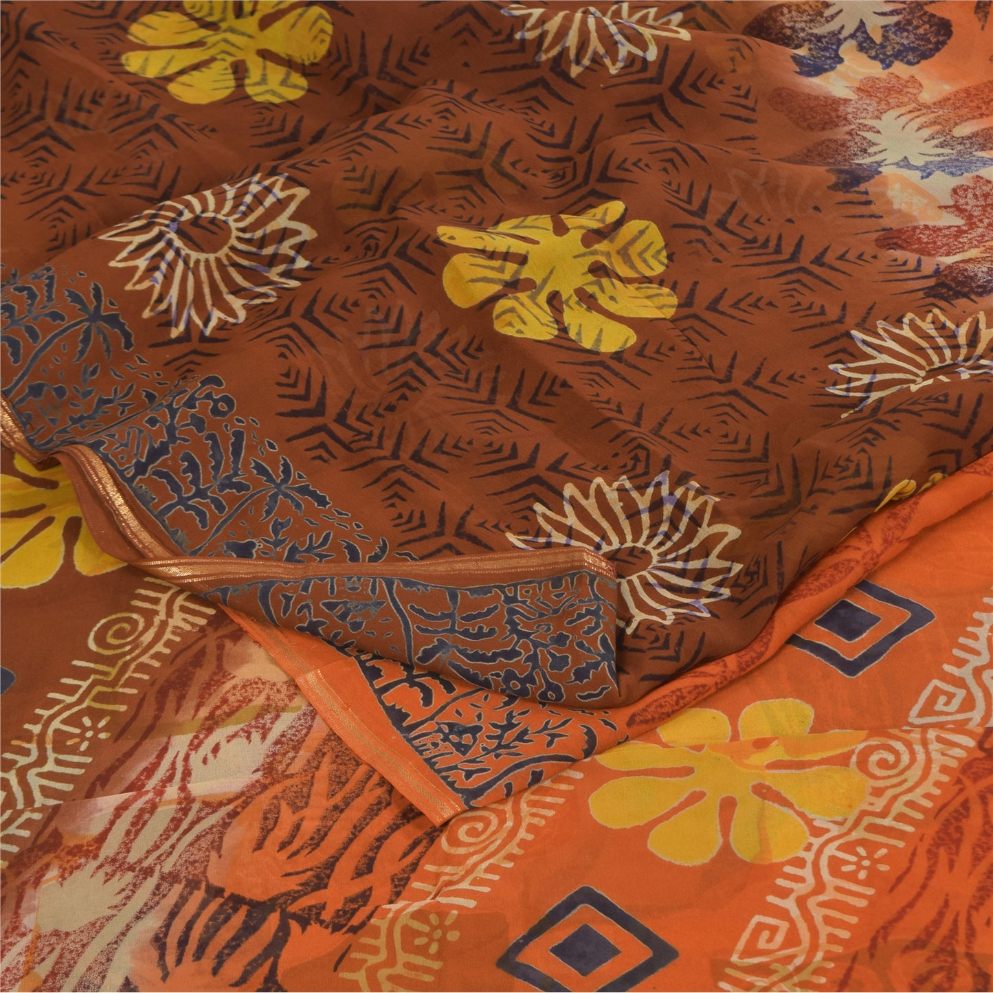 Sanskriti Vintage Sarees Orange/Brown Pure Georgette Printed Sari 5+yd Sustainable Fabric