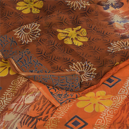 Sanskriti Vintage Sarees Orange/Brown Pure Georgette Printed Sari 5+yd Sustainable Fabric