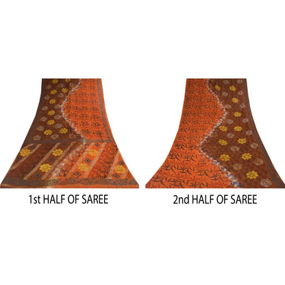 Sanskriti Vintage Sarees Orange/Brown Pure Georgette Printed Sari 5+yd Sustainable Fabric