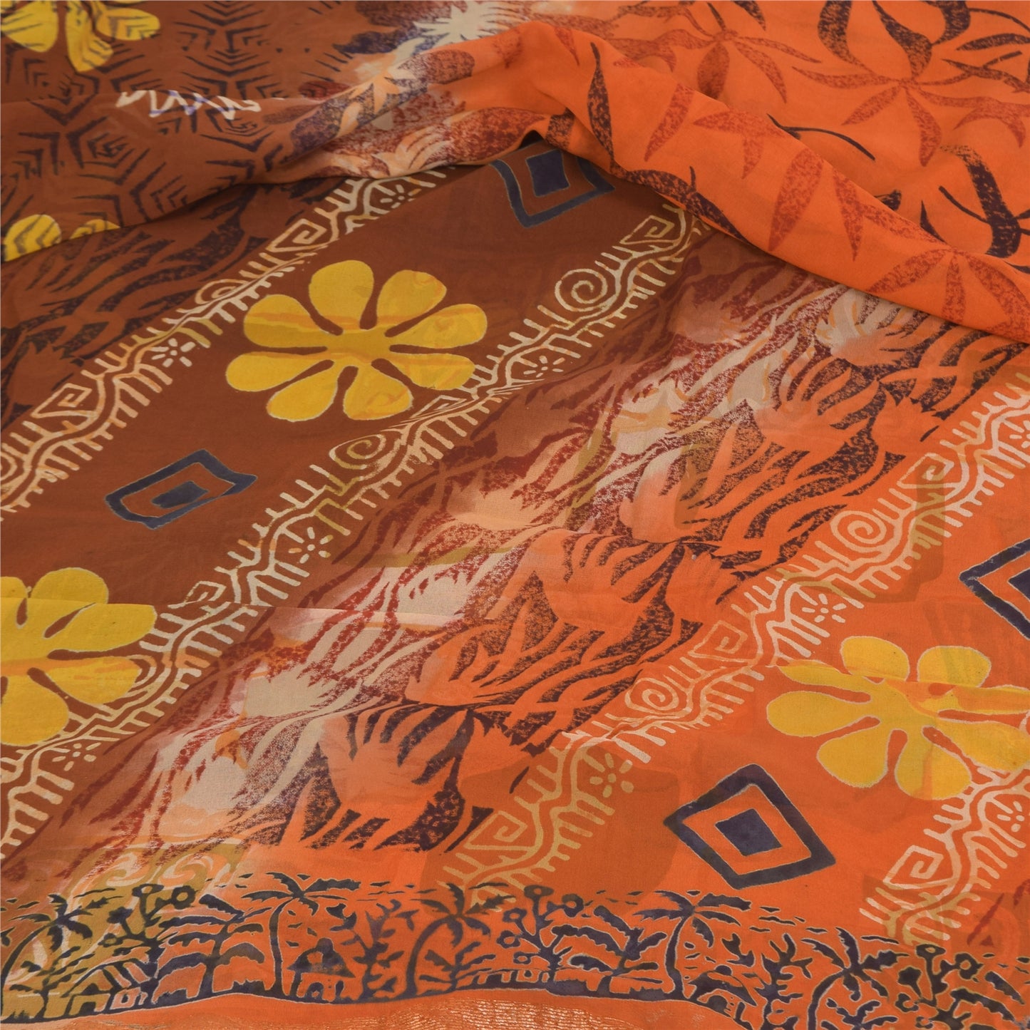 Sanskriti Vintage Sarees Orange/Brown Pure Georgette Printed Sari 5+yd Sustainable Fabric