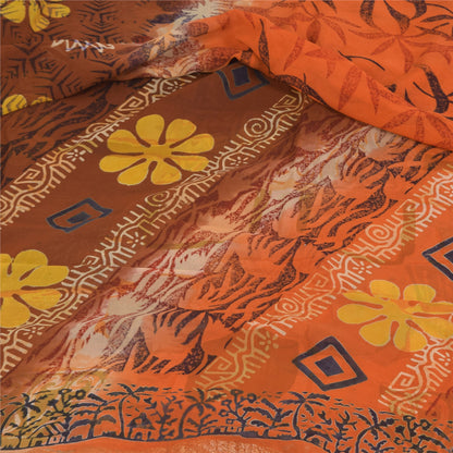 Sanskriti Vintage Sarees Orange/Brown Pure Georgette Printed Sari 5+yd Sustainable Fabric